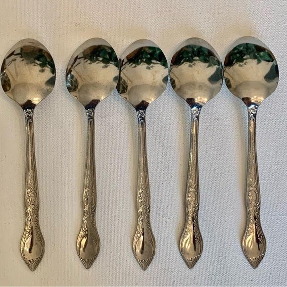 5 Piece Utica Thailand Stainless Steel Spoons Teaspoons 6.75" Glossy Scrolls Set - Picture 2 of 10